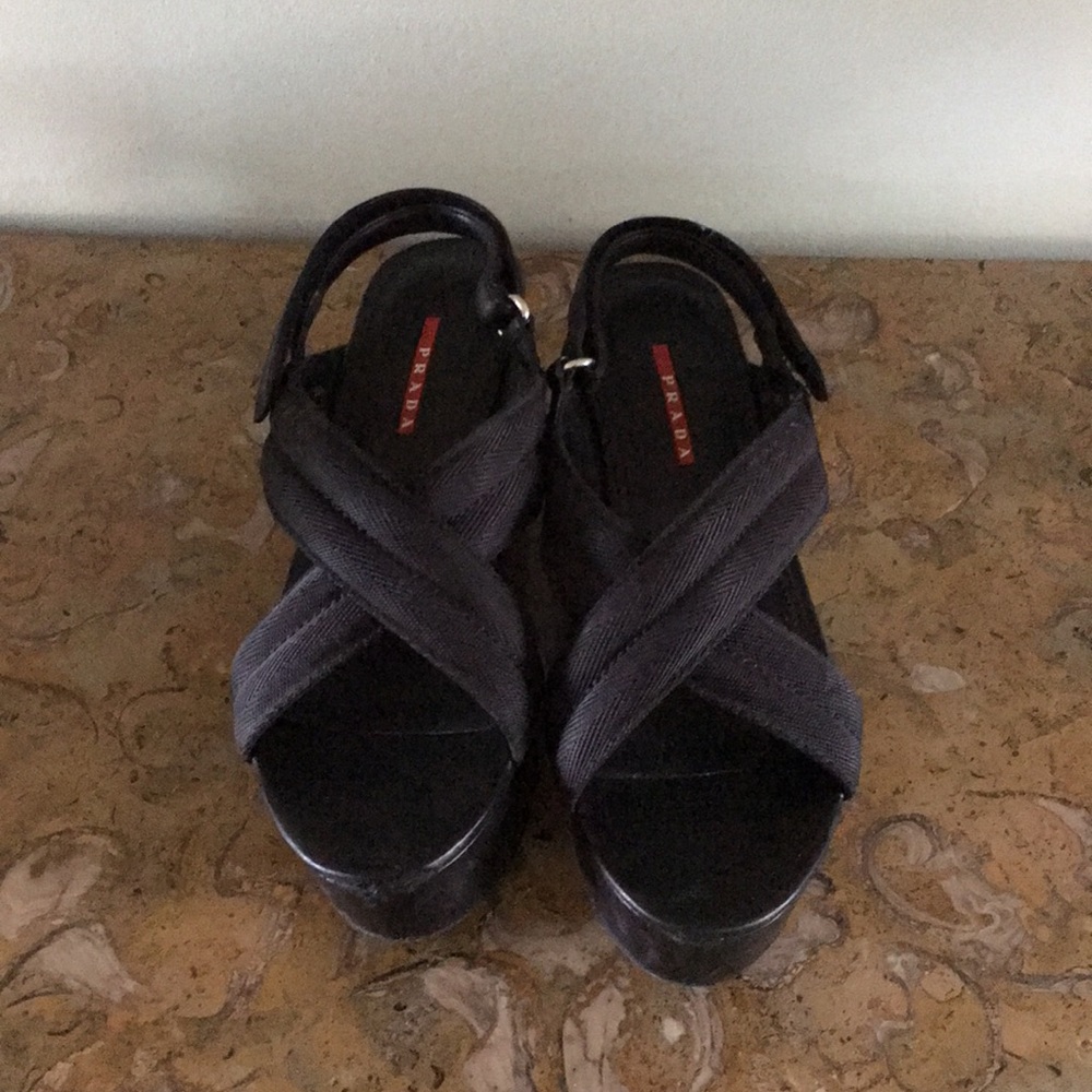 Prada Grosgrain Criss Cross Crossover Wedge Heel